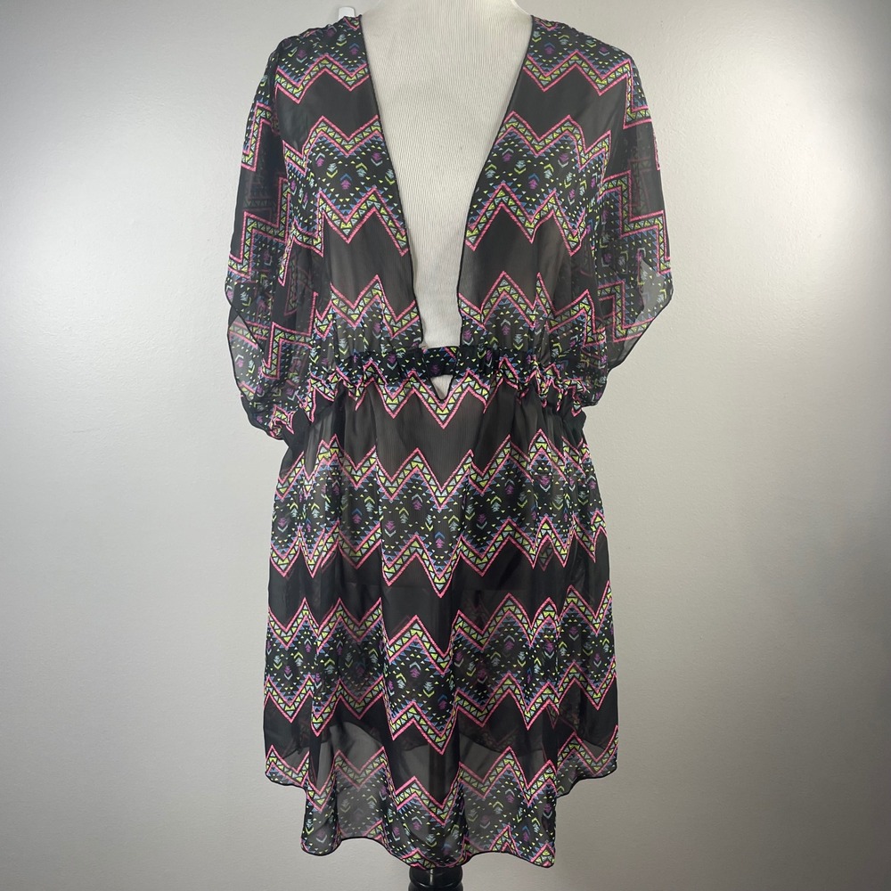 Joe Boxer Swim Cover Up Dress‎ Womens XXL Black Neon Geometric Sheer V-Neck